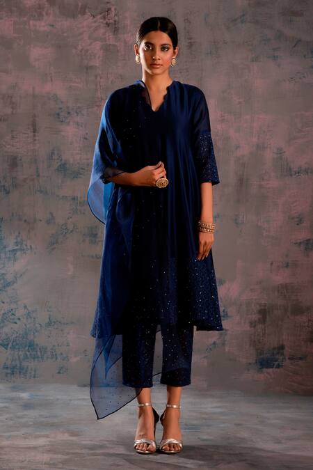 Charkhee_Blue Anarkali Chanderi And Cotton, Dupatta Organza, Pant Embroidered Set_Online_at_Aza_Fashions