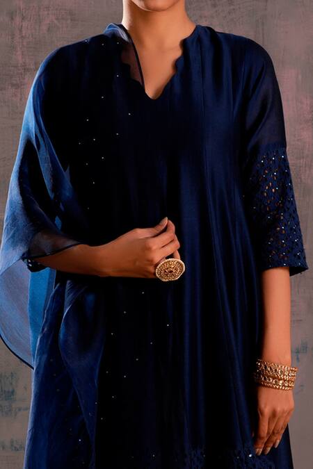 Charkhee_Blue Anarkali Chanderi And Cotton, Dupatta Organza, Pant Embroidered Set_at_Aza_Fashions