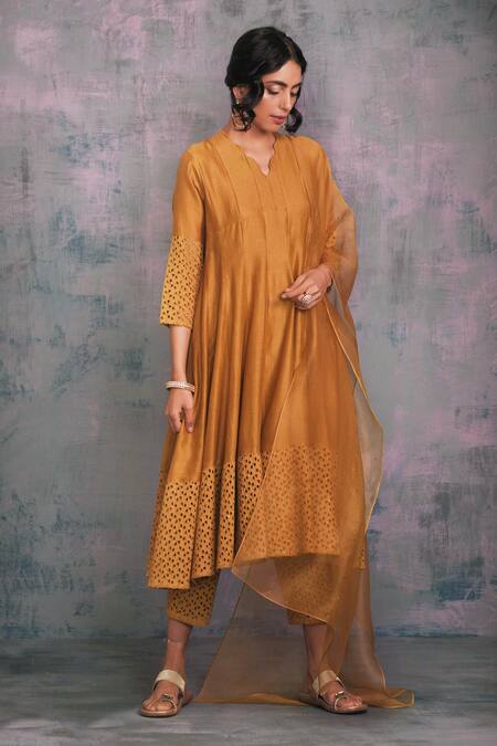 Charkhee_Gold Kurta Chanderi Embroidery V Neck Anarkali Set_Online_at_Aza_Fashions