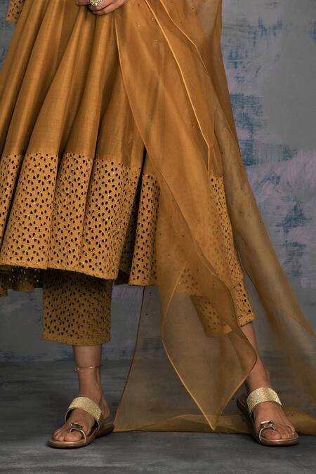 Shop_Charkhee_Gold Kurta Chanderi Embroidery V Neck Anarkali Set_Online_at_Aza_Fashions