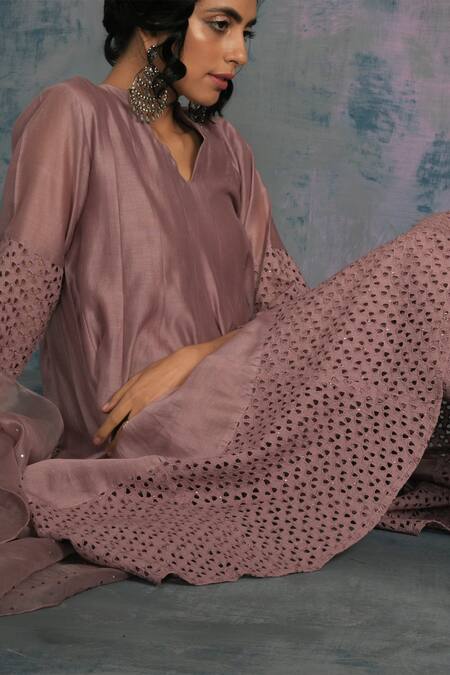 Shop_Charkhee_Purple Anarkali Chanderi And Cotton Jagged Neck Embroidered Set_Online_at_Aza_Fashions