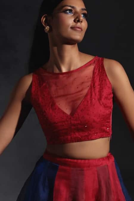 Buy_Charkhee_Red 100% Cotton Blouse Chanderi, Lehenga Chanderi, Organza Bridal Set _Online_at_Aza_Fashions