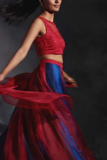 Shop_Charkhee_Red 100% Cotton Blouse Chanderi, Lehenga Chanderi, Organza Bridal Set _Online_at_Aza_Fashions