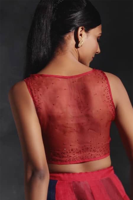 Charkhee_Red 100% Cotton Blouse Chanderi, Lehenga Chanderi, Organza Bridal Set _at_Aza_Fashions