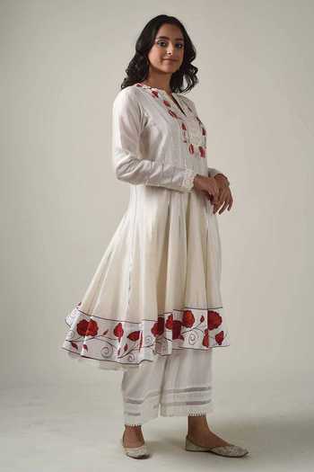 Buy_Tanu Malhotra_Ivory Kurta- Chanderi Silk, Pant - Modal Floral Notched Anarkali Set_Online_at_Aza_Fashions