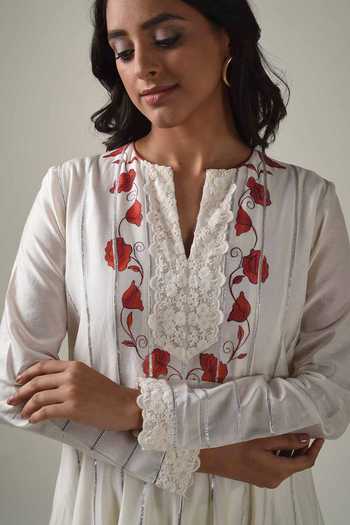 Shop_Tanu Malhotra_Ivory Kurta- Chanderi Silk, Pant - Modal Floral Notched Anarkali Set_Online_at_Aza_Fashions
