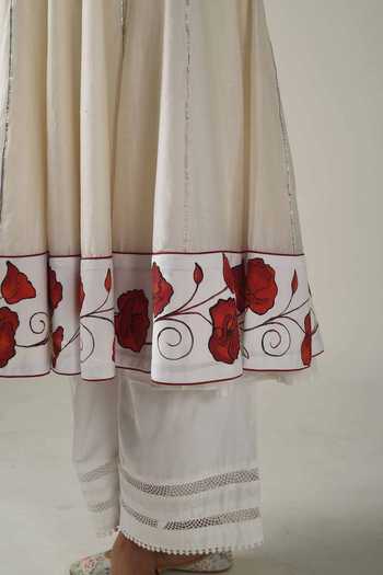 Tanu Malhotra_Ivory Kurta- Chanderi Silk, Pant - Modal Floral Notched Anarkali Set_at_Aza_Fashions