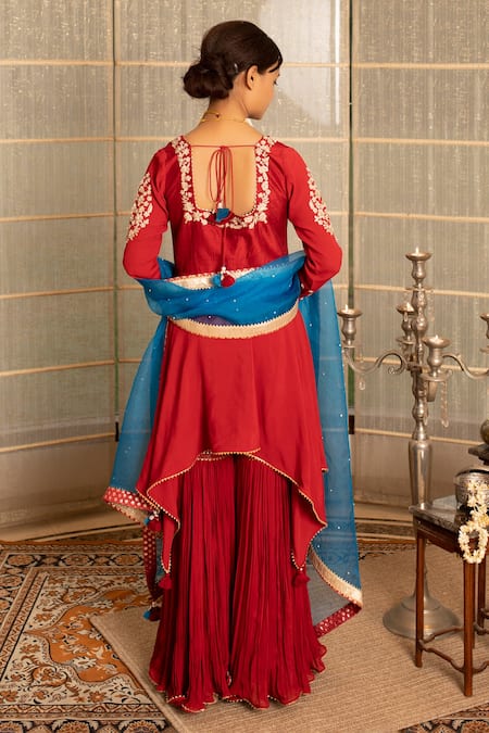 Shop Tanu Malhotra Red Double Georgette Gharara-crinkled Georgette Embroidered Gharara Set at Aza Fashions Shop_Tanu Malhotra_Red Double Georgette Gharara-crinkled Georgette Embroidered Gharara Set_at_Aza_Fashions