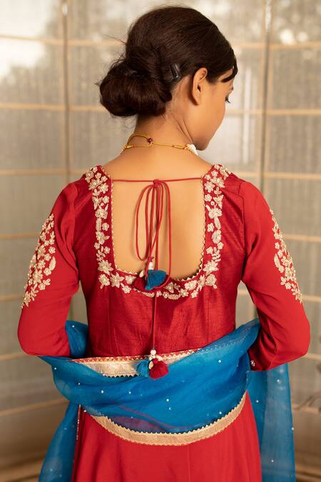 Tanu Malhotra Red Double Georgette Gharara-crinkled Georgette Embroidered Gharara Set Online at Aza Fashions Tanu Malhotra_Red Double Georgette Gharara-crinkled Georgette Embroidered Gharara Set_Online_at_Aza_Fashions