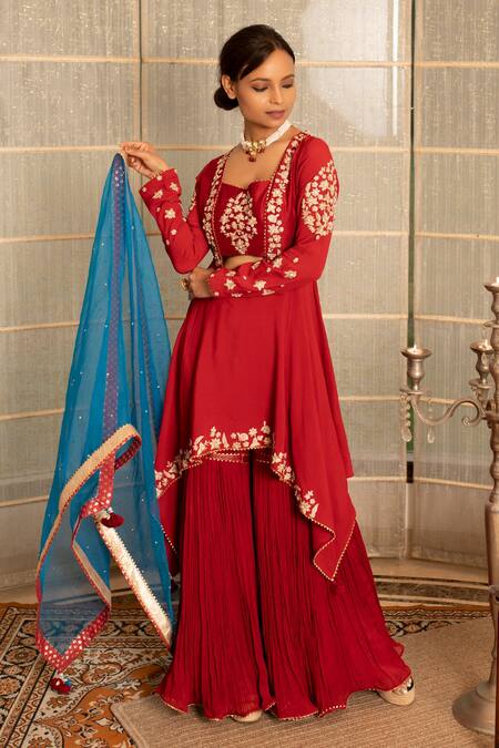 Buy Tanu Malhotra Red Double Georgette Gharara-crinkled Georgette Embroidered Gharara Set Online at Aza Fashions Buy_Tanu Malhotra_Red Double Georgette Gharara-crinkled Georgette Embroidered Gharara Set_Online_at_Aza_Fashions