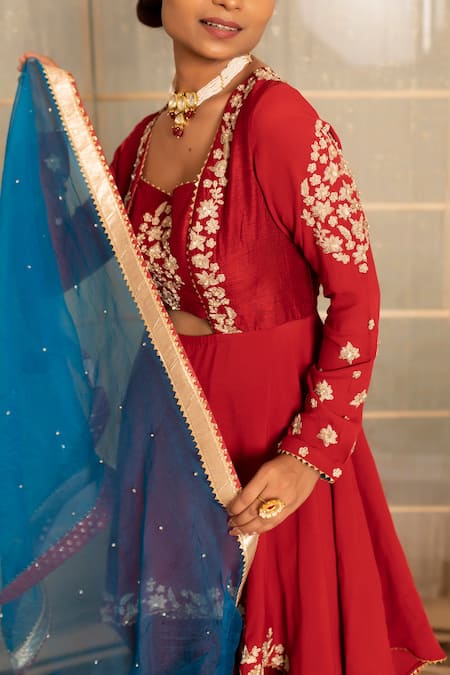 Shop Tanu Malhotra Red Double Georgette Gharara-crinkled Georgette Embroidered Gharara Set Online at Aza Fashions Shop_Tanu Malhotra_Red Double Georgette Gharara-crinkled Georgette Embroidered Gharara Set_Online_at_Aza_Fashions
