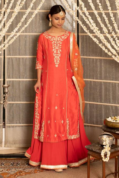 Buy_Tanu Malhotra_Orange Kurta- Modal Silk Skirt-georgette Dupatta Organza Tilla Skirt Set_Online_at_Aza_Fashions