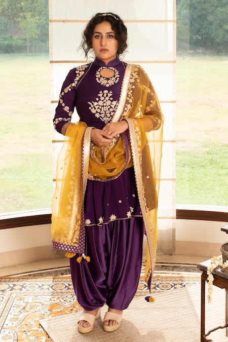Tanu Malhotra Purple Kurta- Modal Silk Embroidery Zari Mandarin Dhoti Pant Set