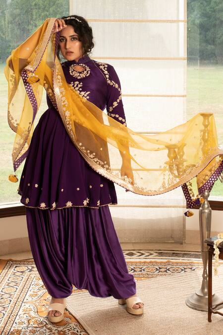 Buy_Tanu Malhotra_Purple Double Georgette Dhoti-modal Satin Dupatta Organza, Dhoti Pant Set_Online_at_Aza_Fashions