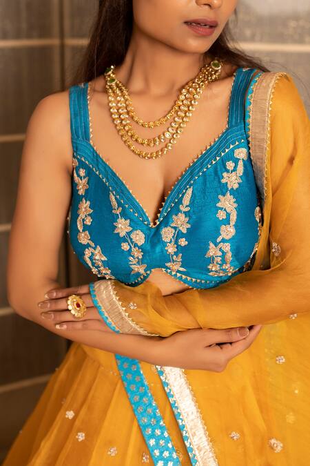 Shop_Tanu Malhotra_Blue Blouse- Modal Silk Lehenga And Dupatta Organza Tilla Embroidery, Zari Set_Online_at_Aza_Fashions