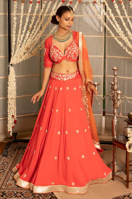 Tanu Malhotra_Coral Blouse- Modal Silk Lehenga Georgette Dupatta Organza Tilla Set _Online_at_Aza_Fashions