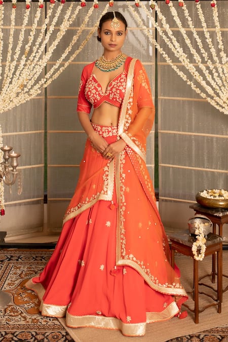 Buy_Tanu Malhotra_Coral Blouse- Modal Silk Lehenga Georgette Dupatta Organza Tilla Set _Online_at_Aza_Fashions