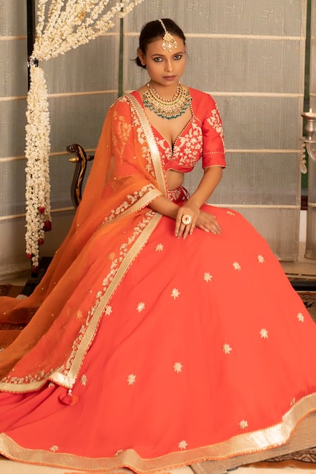 Shop_Tanu Malhotra_Coral Blouse- Modal Silk Lehenga Georgette Dupatta Organza Tilla Set _Online_at_Aza_Fashions