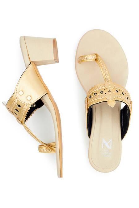 The Madras Trunk_Beige Cut Work Kolhapuri Block Heels _Online_at_Aza_Fashions