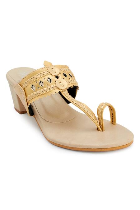 Shop_The Madras Trunk_Beige Cut Work Kolhapuri Block Heels _Online_at_Aza_Fashions