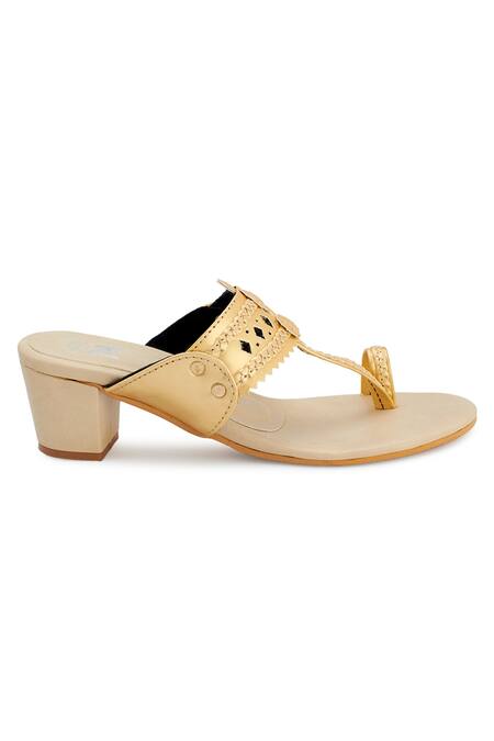 The Madras Trunk_Beige Cut Work Kolhapuri Block Heels _at_Aza_Fashions
