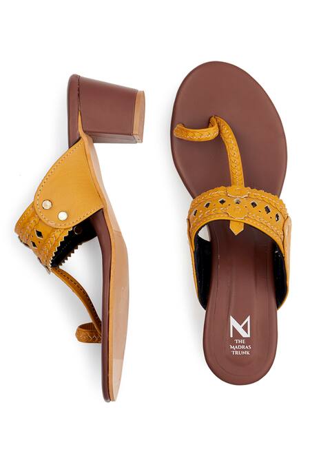 The Madras Trunk_Yellow Cutwork Kolhapuri Block Heels_Online_at_Aza_Fashions