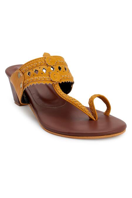 Buy_The Madras Trunk_Yellow Cutwork Kolhapuri Block Heels_Online_at_Aza_Fashions