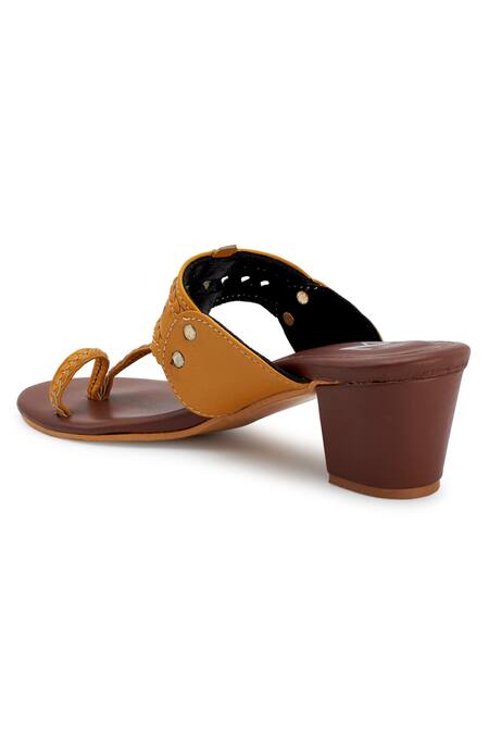 The Madras Trunk_Yellow Cutwork Kolhapuri Block Heels_at_Aza_Fashions