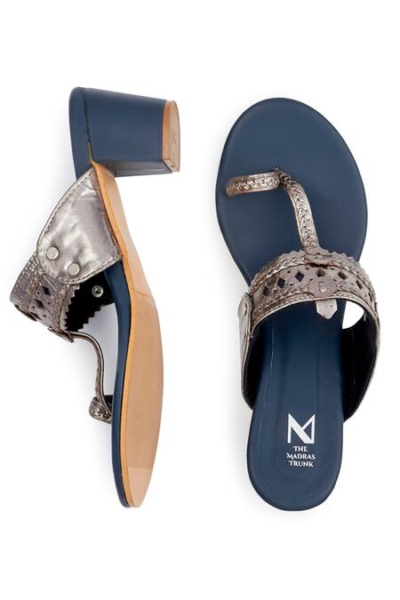 The Madras Trunk_Blue Cutwork Kolhapuri Block Heels_Online_at_Aza_Fashions