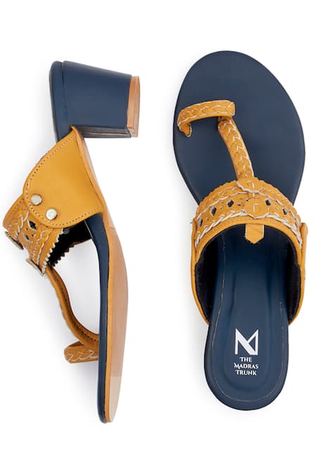 The Madras Trunk_Yellow Cut Work Kolhapuri Block Heels _Online_at_Aza_Fashions