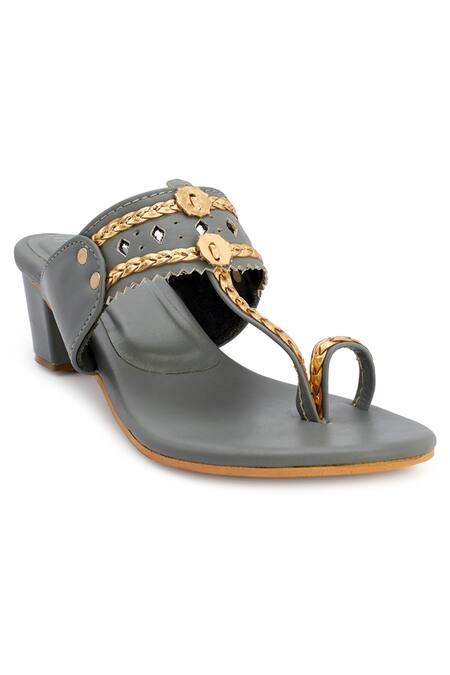 Shop_The Madras Trunk_Grey Cut Work Kolhapuri Block Heels _Online_at_Aza_Fashions