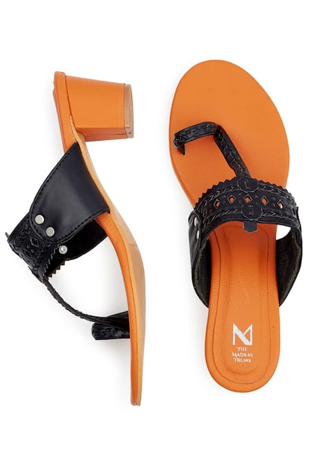 The Madras Trunk_Orange Cut Work Kolhapuri Block Heels _Online_at_Aza_Fashions