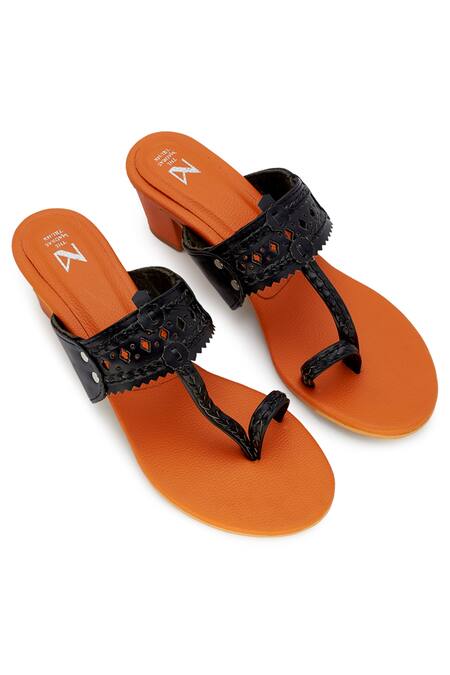 Buy_The Madras Trunk_Orange Cut Work Kolhapuri Block Heels _Online_at_Aza_Fashions