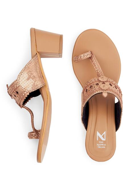 The Madras Trunk_Gold Embroidery, Cut Work Metallic Kolhapuri Block Heels _Online_at_Aza_Fashions
