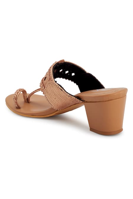 The Madras Trunk_Gold Embroidery, Cut Work Metallic Kolhapuri Block Heels _at_Aza_Fashions