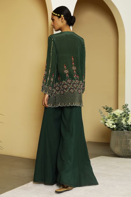 Shop Kalista Green Viscose Crepe Round Tahira Tunic And Flared Pant Set at Aza Fashions Shop_Kalista_Green Viscose Crepe Round Tahira Tunic And Flared Pant Set _at_Aza_Fashions