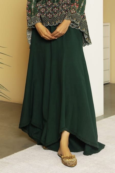 Shop Kalista Green Viscose Crepe Round Tahira Tunic And Flared Pant Set Online at Aza Fashions Shop_Kalista_Green Viscose Crepe Round Tahira Tunic And Flared Pant Set _Online_at_Aza_Fashions