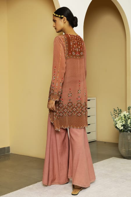 Shop Kalista Brown Viscose Crepe Round Tahira Tunic And Flared Pant Set at Aza Fashions Shop_Kalista_Brown Viscose Crepe Round Tahira Tunic And Flared Pant Set _at_Aza_Fashions