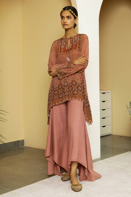 Kalista Brown Viscose Crepe Round Tahira Tunic And Flared Pant Set Online at Aza Fashions Kalista_Brown Viscose Crepe Round Tahira Tunic And Flared Pant Set _Online_at_Aza_Fashions