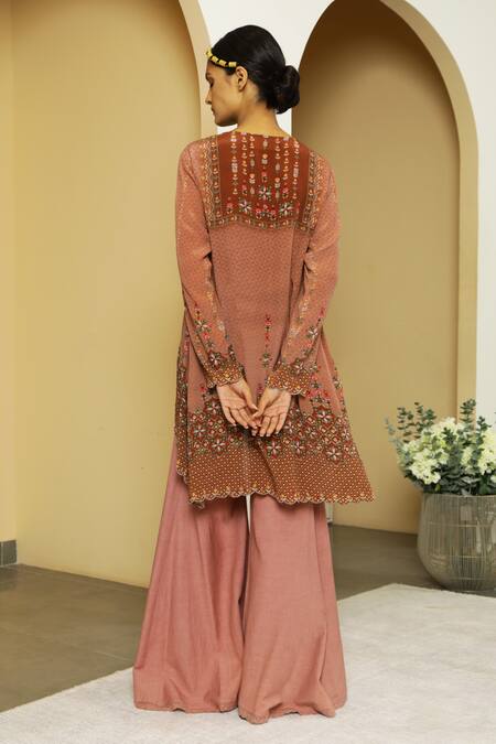 Buy Kalista Brown Viscose Crepe Round Tahira Tunic And Flared Pant Set Online at Aza Fashions Buy_Kalista_Brown Viscose Crepe Round Tahira Tunic And Flared Pant Set _Online_at_Aza_Fashions