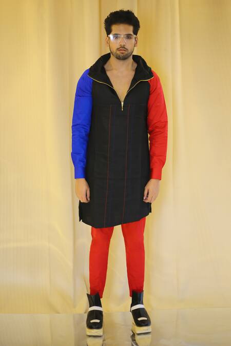 Buy_The Natty Garb_Black Cotton Hoodie Kurta _Online_at_Aza_Fashions