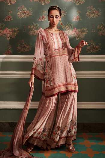 Kalista Pink Viscose Georgette Floral Pattern Round Asmaa Kurta Gharara Set Online at Aza Fashions Kalista_Pink Viscose Georgette Floral Pattern Round Asmaa Kurta Gharara Set _Online_at_Aza_Fashions