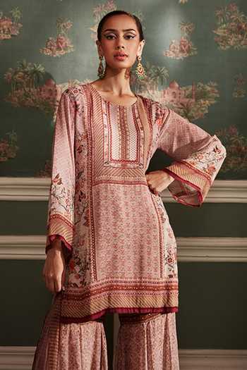 Buy Kalista Pink Viscose Georgette Floral Pattern Round Asmaa Kurta Gharara Set Online at Aza Fashions Buy_Kalista_Pink Viscose Georgette Floral Pattern Round Asmaa Kurta Gharara Set _Online_at_Aza_Fashions