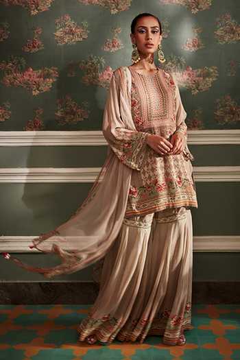Kalista Beige Viscose Georgette Floral Pattern Round Akilah Print Kurta Gharara Set Online at Aza Fashions Kalista_Beige Viscose Georgette Floral Pattern Round Akilah Print Kurta Gharara Set _Online_at_Aza_Fashions