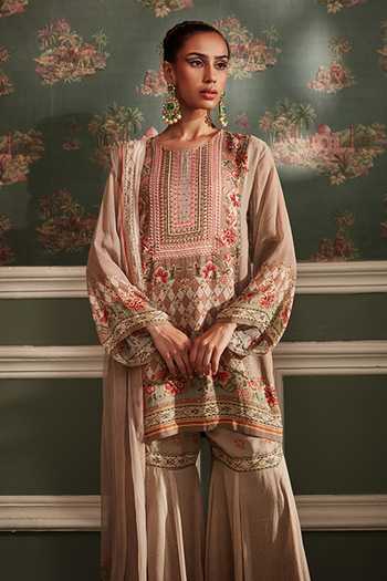 Buy Kalista Beige Viscose Georgette Floral Pattern Round Akilah Print Kurta Gharara Set Online at Aza Fashions Buy_Kalista_Beige Viscose Georgette Floral Pattern Round Akilah Print Kurta Gharara Set _Online_at_Aza_Fashions