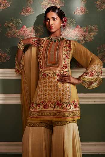 Kalista Yellow Viscose Georgette Floral Pattern Round Akilah Print Kurta Gharara Set Online at Aza Fashions Kalista_Yellow Viscose Georgette Floral Pattern Round Akilah Print Kurta Gharara Set _Online_at_Aza_Fashions