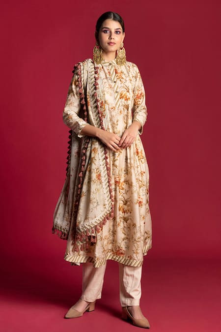 Kalista Beige Cotton Silk Band Collar Floral Print Flared Kurta Set 