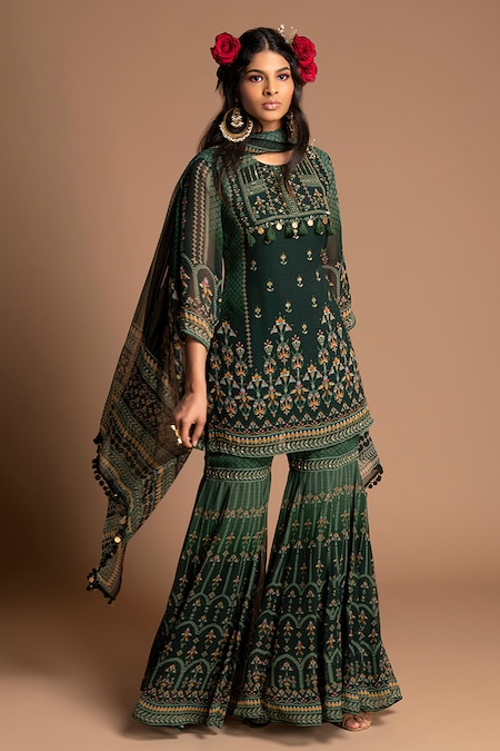 Kalista Green Viscose Georgette Round Printed Kurta Sharara Set