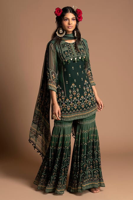 Shop_Kalista_Green Viscose Georgette Round Printed Kurta Sharara Set _at_Aza_Fashions