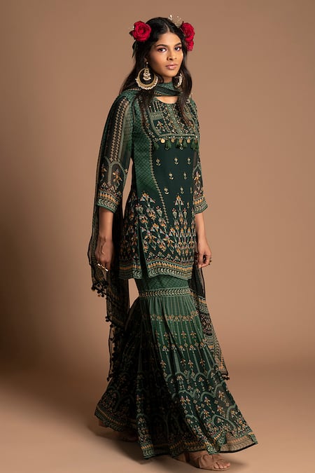 Kalista_Green Viscose Georgette Round Printed Kurta Sharara Set _Online_at_Aza_Fashions